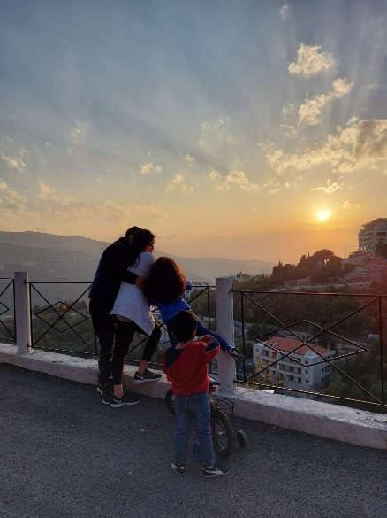 Family at sunset in the community